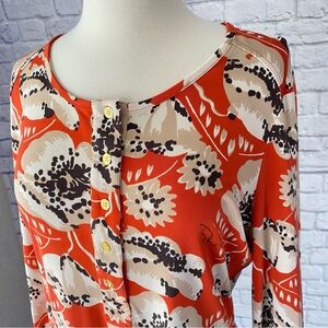 Tory Burch 100% Silk Top Blouse Amy Poppy Shirt Floral Henley Orange Womens XL